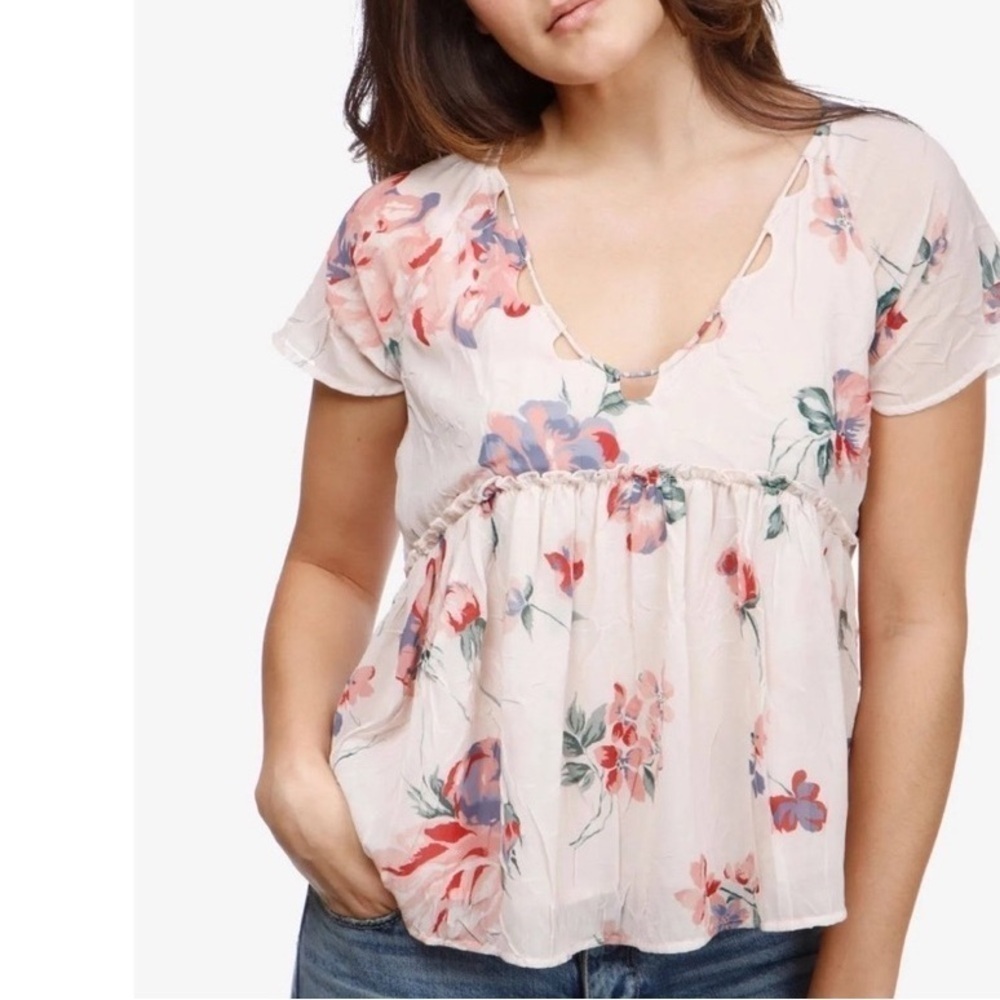 Lucky Brand Crinkly Pink Green Floral Print chiffon coquette Babydoll Blouse Med